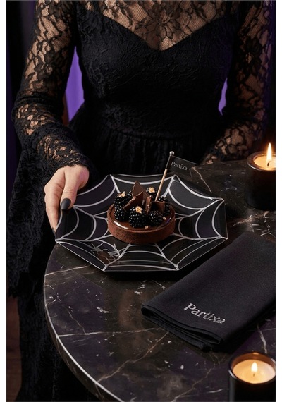 Cadılar Bayramı Örümcek Ağı Siyah Sekizgen Kağıt Tabak 23 Cm 8'li Paket - Halloween Parti Tabağı Çok Renkli