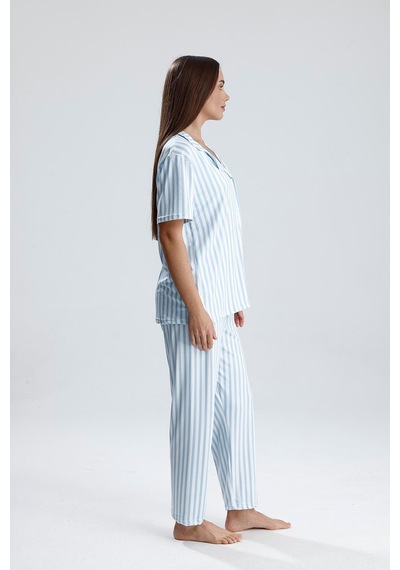 Kompedan Kadın Çizgili Önden Düğmeli Pijama Takım Mavi Çzg Mavi
