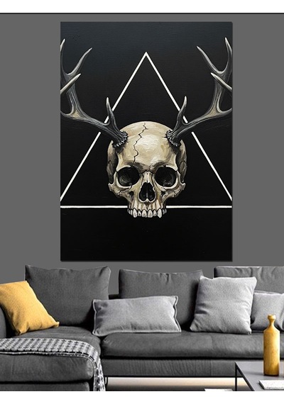 Ahşap Tablo Neon Kafatası Kemik Grafiği
