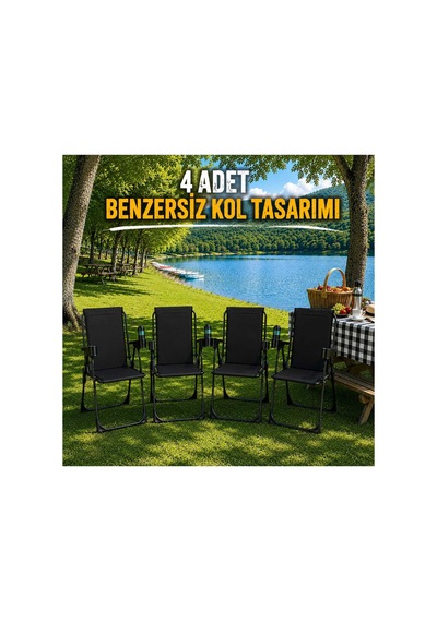 Holiday Kamp Sandalyesi Piknik Katlanır Bardaklıklı Plaj Sandalyesi 4 Adet Siyah Siyah 4 Adet