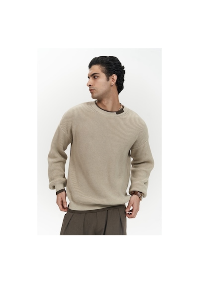 Mai Collection Mai Studios Co. Carter Çift Yaka Detaylı Bej Erkek Triko Kazak Bej
