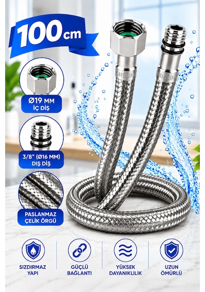 100 Cm Paslanmaz Çelik Flex Hortum 3/8' X 3/8' Esnek Batarya Musluk Bağlantı Hortumu