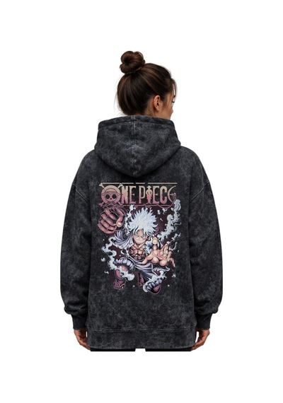 Sevbano One Piece Monkey D. Luffy Anime Baskılı Unisex Oversize Yıkamalı Siyah