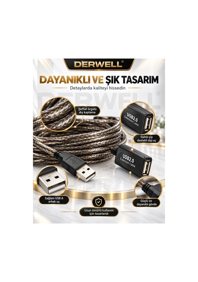 Yeni 2026 5 Metre Usb 2.0 Aktif Uzatma Kablosu Dahili Güçlendirilmiş Sinyal Çipli Kopma Donma Yapmaz Tak Çalıştır Erkek Dişi Yüksek Hızlı Kararlı Veri Aktarım Kablosu Gold Seri Premium