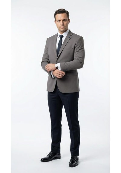Plus Scorpion Erkek Slim Fit Ceket Likralı Fitilli Kumaş, Çift Düğmeli Tek Yırtmaçlı Modern Tasarım Füme