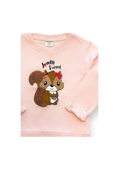 Kız Çocuk Sincap İşlemeli Sweatshirt-14667 Pudra