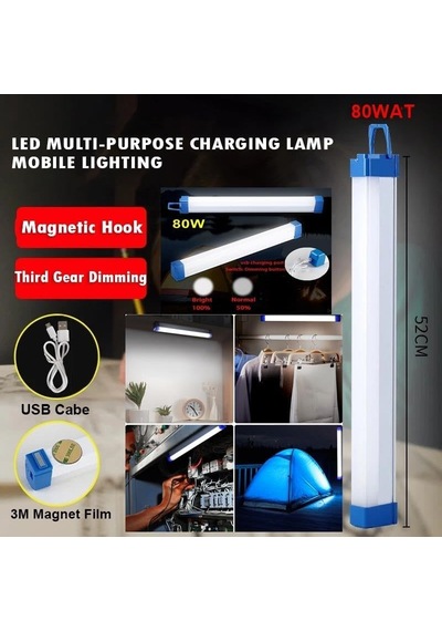 Usb Şarjlı Acil Durum Ve Aydınlatma Led Florasan Ev,kamp,maden,işyeri,balıkcı Lambası 52cm 80w Çok Renkli