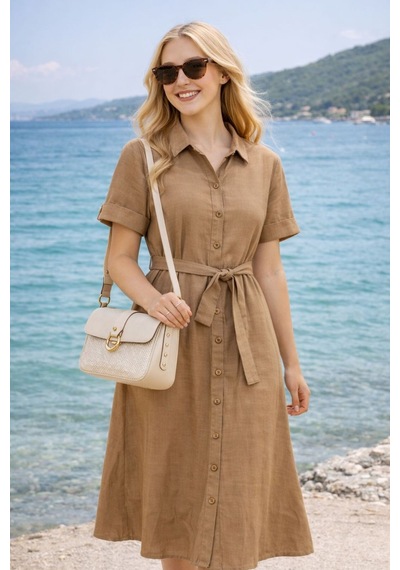 Esra Butik78 Kahverengi Kuşaklı Gömlek Elbise