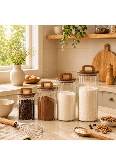 Akasya Kapaklı Line Cam Kavanoz 4 Lü Set 700 Ml 1100 Ml 1500 Ml 1850 Ml Mutfak Saklama Kabı Çok Renkli