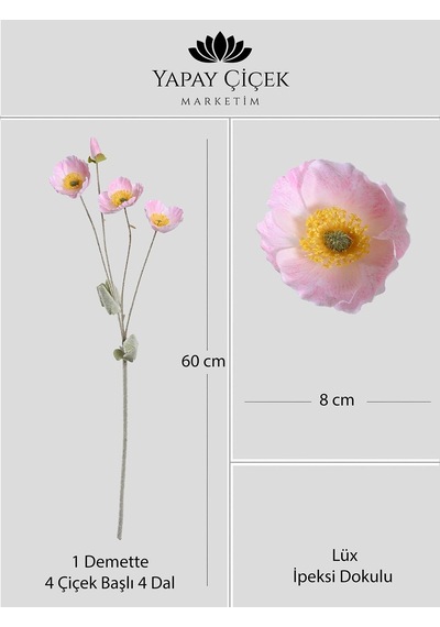 Pembe Yapay Gelincik Çiçeği 4 Dallı Lüx İpeksi Dokulu 60 Cm