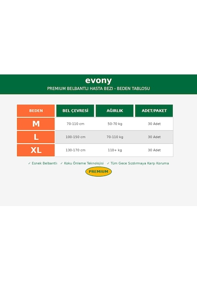 Evony Premium Belbantlı Yetişkin Hasta Bezi Large 30 Adet 1x30 Paket L
