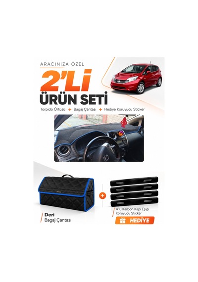 Nissan Note E12 2009-sonrası Uyumlu Torpido Örtüsü + Deri Bagaj Çantası + Sticker - Siyah Mavi