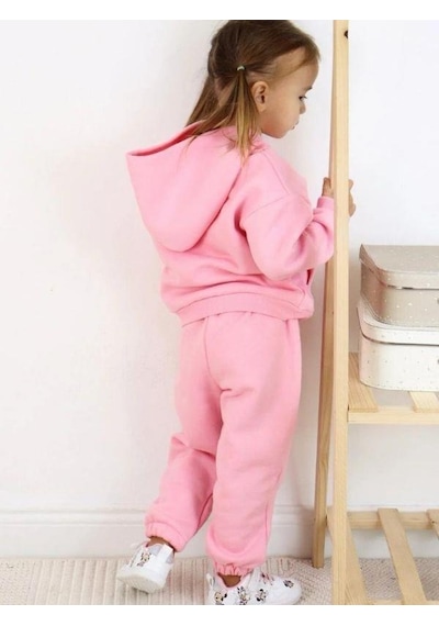 Kız Çocuk Ayıcıklı 3 İplik Şardonlu Eşofman Takım-15058 Pembe
