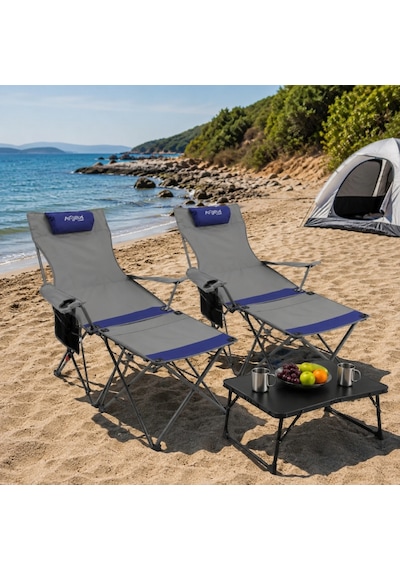 2 Adet Şezlong Kamp Sandalyesi Ve Masa Seti - Plaj Seti - Lounge Elevate - Mavi Çok Renkli