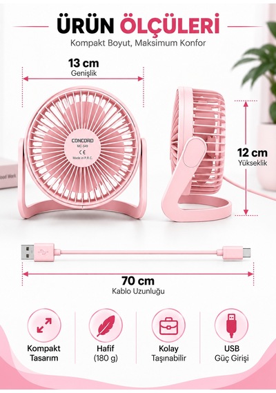 Sessiz Masa Üstü Usb Mini Vantilatör Taşınabilir Masaüstü Fan Pembe