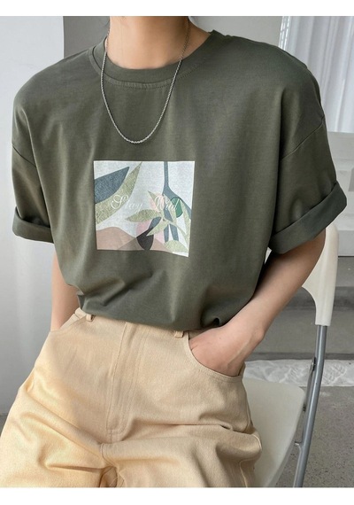 Flood Of Style Kadın Haki Çiçek Baskılı Oversize Bisiklet Yaka Tshirt