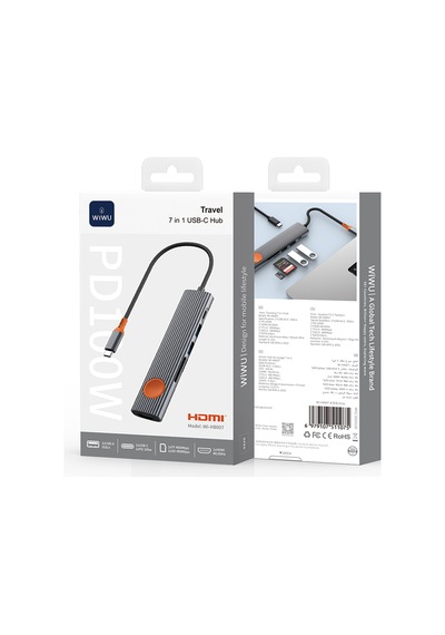 Wiwu Wi-hb8007 Travel Serisi 7in1 Hdmı 4k 60hz Girişli 100w Pd Type-c Hub Bağlantı İstasyonu Gri