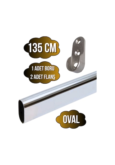 Metal Oval Krom Mobilya Dolap Askı Borusu 135cm Oval 2 Adet Flanş-1 Adet Boru Boy:30mm En:15mm Gri