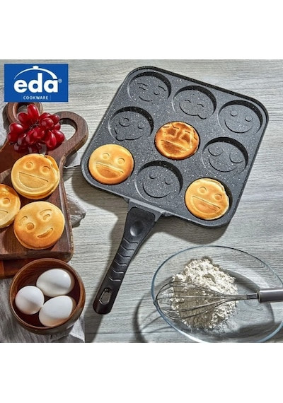 Eda Granit Kare Pankek Tava 28 Cm Gülen Yüz Emojili Pankek Tavası Siyah