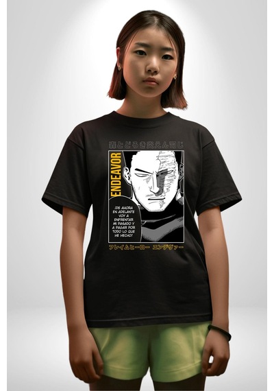 Enji Todoroki Manga Pamuklu Bisiklet Yaka Unisex Oversize Boyfriend Dijital Baskılı Siyah T-shirt Siyah