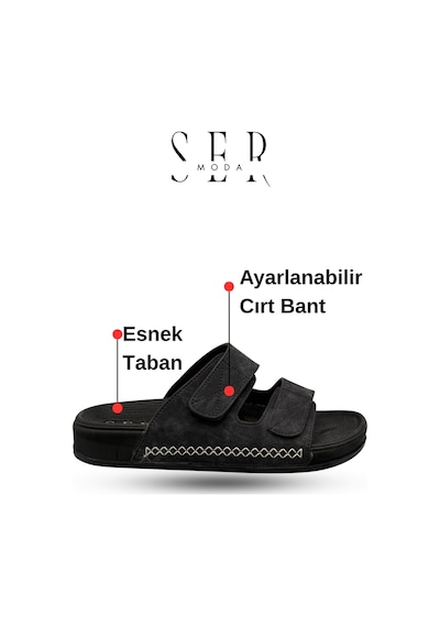 Sermoda Erkek Terlik - Cırtlı Bantlı Rahat Kalın Tabanlı Deri Erkek Terlik Siyah