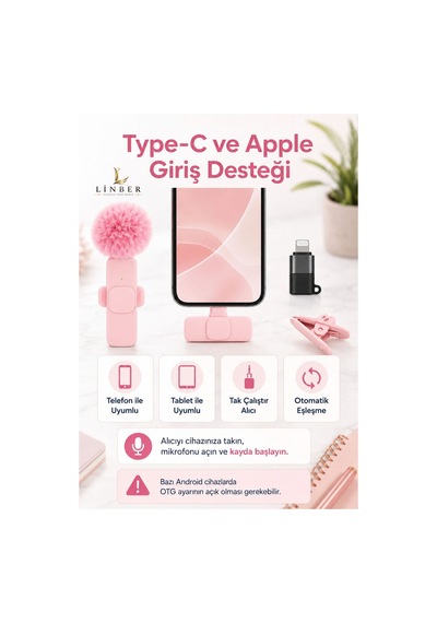 Pembe Kablosuz Yaka Mikrofonu Tekli Tak Çalıştır, İos Uyumlu, 6-8 Saat Kullanım 1 Adet Pembe Pembe