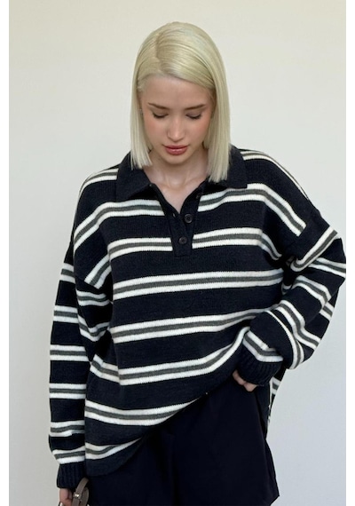 Madmext Lacivert Polo Yaka Çizgili Kadın Triko Kazak Mg2469 Lacivert