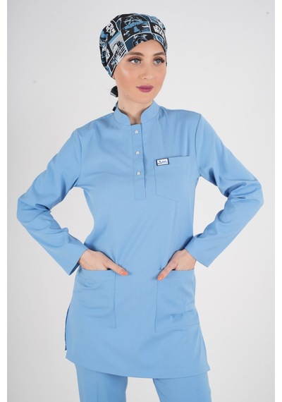 Bebe Mavi Renk Sakura Model Tesettür Doktor Hemşire Scrubs Üniforma Takımı Bebe Mavi