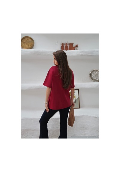 Paw Garage Kadın Mia İnterlok Kumaş Bisiklet Yaka Oversize T-shirt Bordo