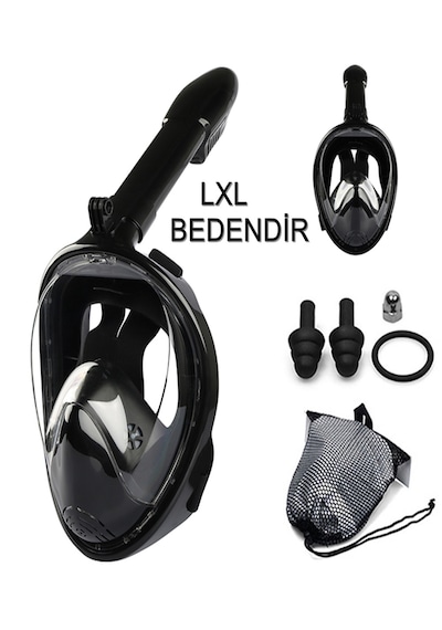 Lxl Beden Dalış Maskesi Ekipmanları 360 Derece Full Face Dalış Maskesi Buğu Önleyici Yüzme Gözlüğü Şnorkel Siyah