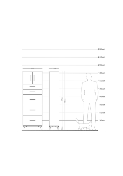 Arges Dolap Tek Raflı 5 Çekmeceli 2 Kapaklı 88x30x182 Çam-çam Çam