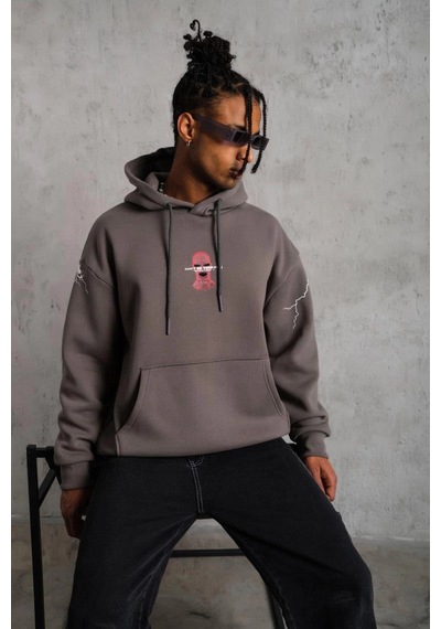 Novalisse Erkek 3 İplik Pamuklu Kapüşonlu Baskılı Cepli Oversize Sweatshirt Hoodie - Gri Çoklu Renk