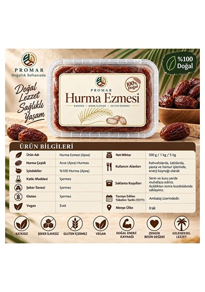Katkısız Doğal Hurma Ezmesi - %100 Hurma Püresi 500 Gr