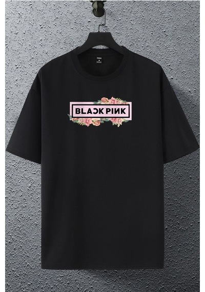 Unisex Kadın Erkek Blackpink Çiçekli Baskılı Oversize T-shirt Siyah Mck1974 Siyah