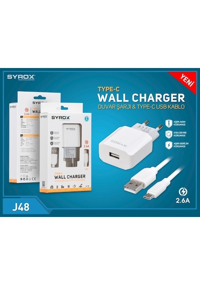 (Yeni Tip) Syrox J48 Type-C Girişli 2.6 Amper Hızlı Şarj Aleti (418324625)