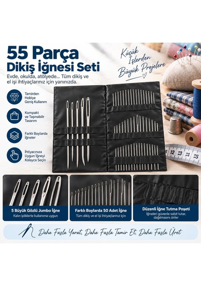 Store 55 Parça El Dikiş İğnesi Seti, Farklı Boylarda Büyük Gözlü İğneler, Deri, Nakış, Kanaviçe, Yorgan, Tamir Ve Hobi İçin
