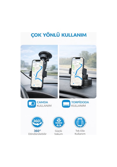 Mega Oto Market Otomatik Klipsli Araç İçi Telefon Tutucu Cam Ve Torpido İçin Ayarlanabilir Vantuzlu Oto Telefon Standı
