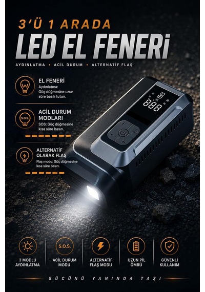 Tr Q16b Akü Takviye Cihazı 18000mah, 150 Psı Hava Kompresörü, Jump Starter Powerbank, Led Fenerli Dijital Ekranlı L