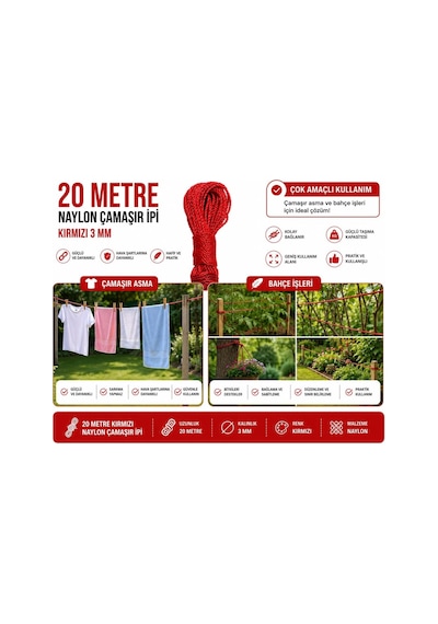 20 Metre Kırmızı Naylon İp 3 Mm, Çok Amaçlı Dayanıklı Çamaşır İpi, Kamp Bahçe Balkon Hamak Ve Taşıma Sab Çok Renkli