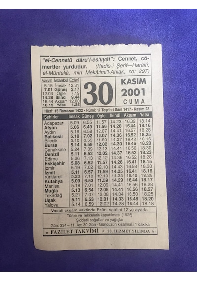 30 Kasım 2001 Takvim Yaprağı - Nostalji Koleksiyonluk Takvim Yaprağı