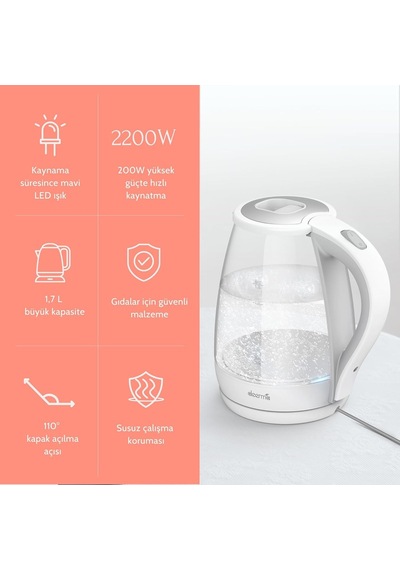 Deerma Sh30w 1,7lt Mavi Işıklı Cam Kettle & Su Isıtıcı