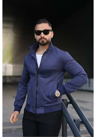 Baselco Dik Yaka Slim Fit Mevsimlik Astarlı Süet Ceket Lacivert