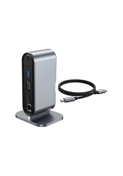 Type-C to Hdmi 4K@30Hz, VGA 4xUSB3.0, RJ45 Ethernet, Kart Okuyucu, PD 100W, 3.5mm Ses Çevirici Kablo