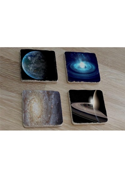 Galaksi Ve Uzay Manzaraları Doğal Taş Bardak Altlığı 4'lü Set - Natural Stone Coasters - Taş Çok Renkli