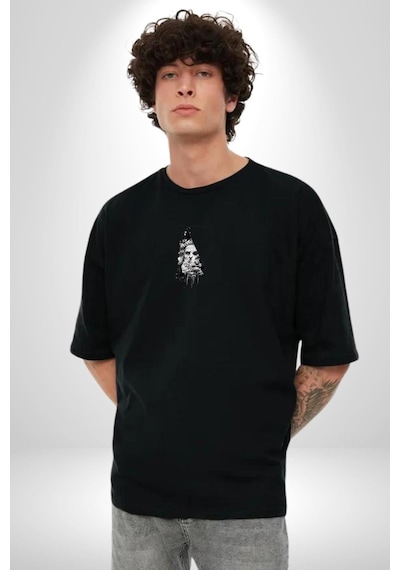 Poseidon Felsefe Siyah Oversize Unisex Ön Orta Minimal Baskılı Tişört Siyah