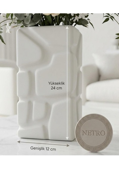 Dikdörtgen Model Dekoratif Vazo Seramik Şık Vazo El Yapımı Özel Seri 24 Cm Beyaz