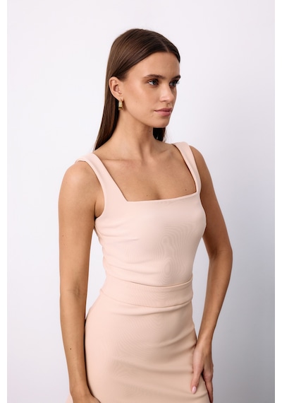 Sateen Kare Yaka Crop Bluz - Bej