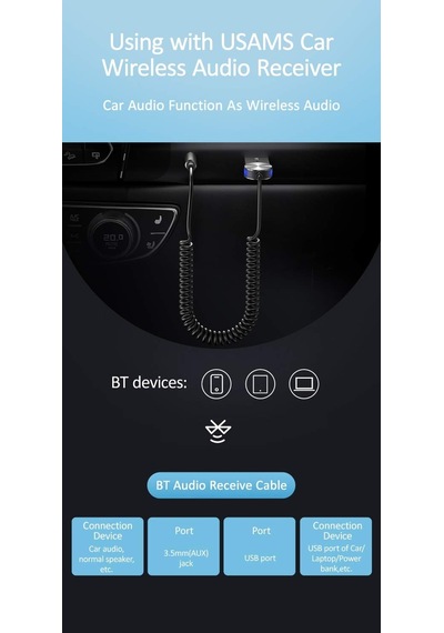 Usams Bluetooth 5.0 Receiver Usb Aux Wireless Araç Kiti Telefon Konuşma Müzik Dinleme Ba01 Sj46