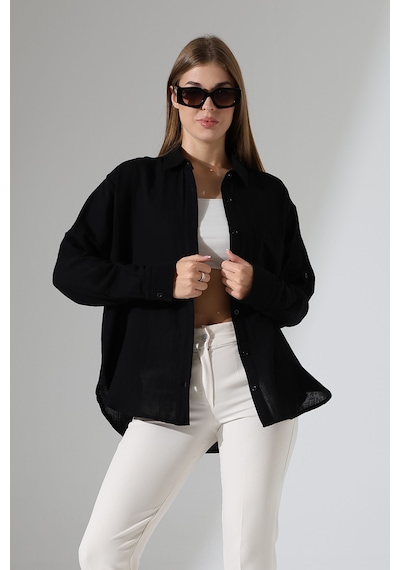 Oversize Basic Müslin Gömlek Siyah