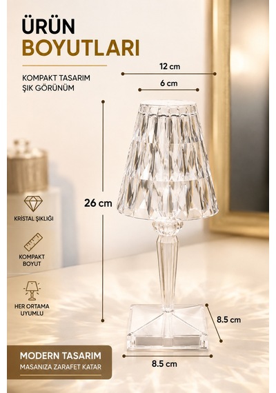 Rgb Led Dekoratif Ambiyans Masa Gece Lambası Uzaktan Kumandalı Şarjlı Dokunmatik Abajur Kristal Beyaz